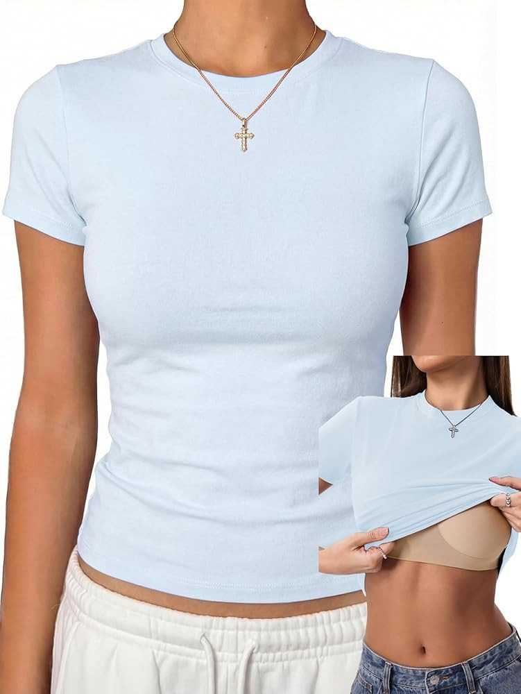 Danysu Nude Built in Bra Cotton Jersey T Shirt No See Through Stretchy Lightweight Fitted Everyda... | Amazon (US)