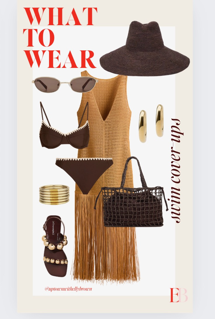 The cover-up that makes you want to stay by the pool longer than you planned.
This cognac crochet fringe cover-up is the piece that turns a beach day into a whole look. The fringe hem moves, the V-neckline is flattering, and the camel tone against the chocolate brown bikini with white crochet trim is a color combination that photographs like you hired someone to plan it. You didn't. You just made good decisions.
The accessories lean fully into the warm brown palette — dark woven net tote, chocolate straw wide-brim fedora, pearl-embellished sandals that are too good for the sand but you're wearing them anyway. Stacked gold bangles and gold dome earrings because the jewelry doesn't stop at the beach.
This is the swim cover-up edit for women who want their pool day to look as considered as everything else they wear. 

 