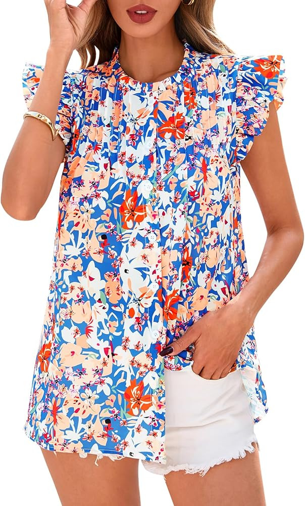 PRETTYGARDEN Women Button Down Boho Shirts Floral Ruffle Cap Sleeve Mock Neck Flowy Casual Summer... | Amazon (US)