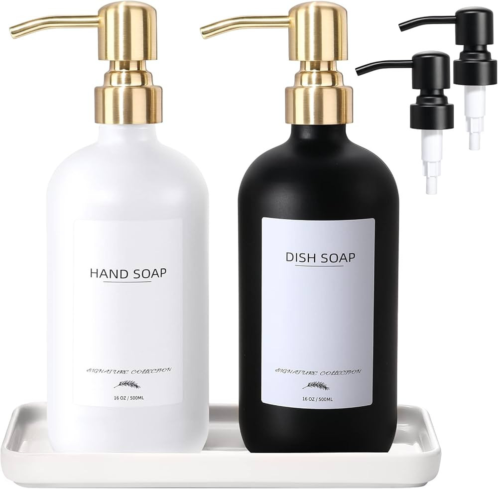 Glass Dish Soap Dispenser with Ceramic Tray and 4 Stainless Steel Pump, Kitchen Soap Dispenser Se... | Amazon (US)