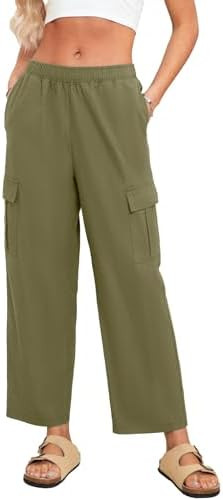 Simplee Women's Casual Cargo Pants High Waisted Wide Leg Summer Linen Pants Baggy Trousers Pants ... | Amazon (US)