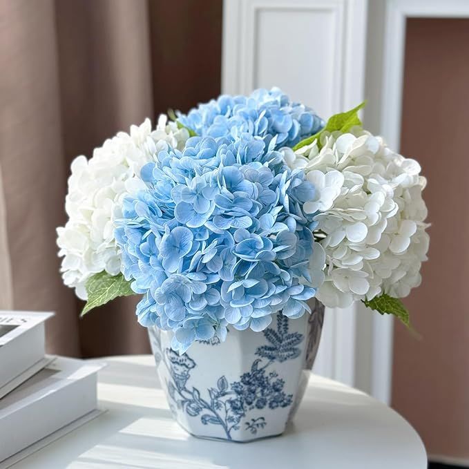 Hydrangea Artificial Flowers 4 Pcs 2 White 2 Light Blue 21 inch Long Rod Real Touch Lifelike Fake... | Amazon (US)