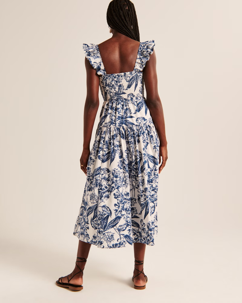 Ruffle Strap Smocked Midi Dress | Abercrombie & Fitch (US)