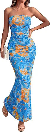 BTFBM Women Summer Strapless Maxi Dress 2026 Bodycon Floral Long Wedding Guest Dress Formal Tube ... | Amazon (US)