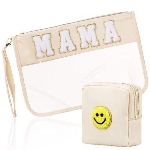 BuyCard 2 Pcs Preppy Patch Clear Mama Bag, Women Chenille Letter Makeup Cosmetic Bag for Travel, PVC Waterproof Organization Outdoor Zipper Pouch Toiletry Bag for Women Girl | Amazon (US)