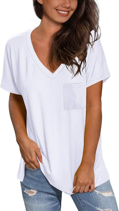 SAMPEEL Womans Short Sleeve Shirts V Neck Tees Women Cute Tops Solid Color | Amazon (US)