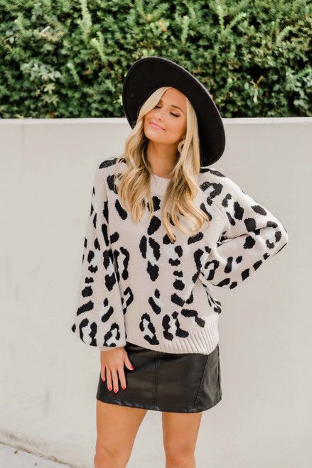 I've Got A New Cattitude Beige Animal Print Sweater | The Pink Lily Boutique