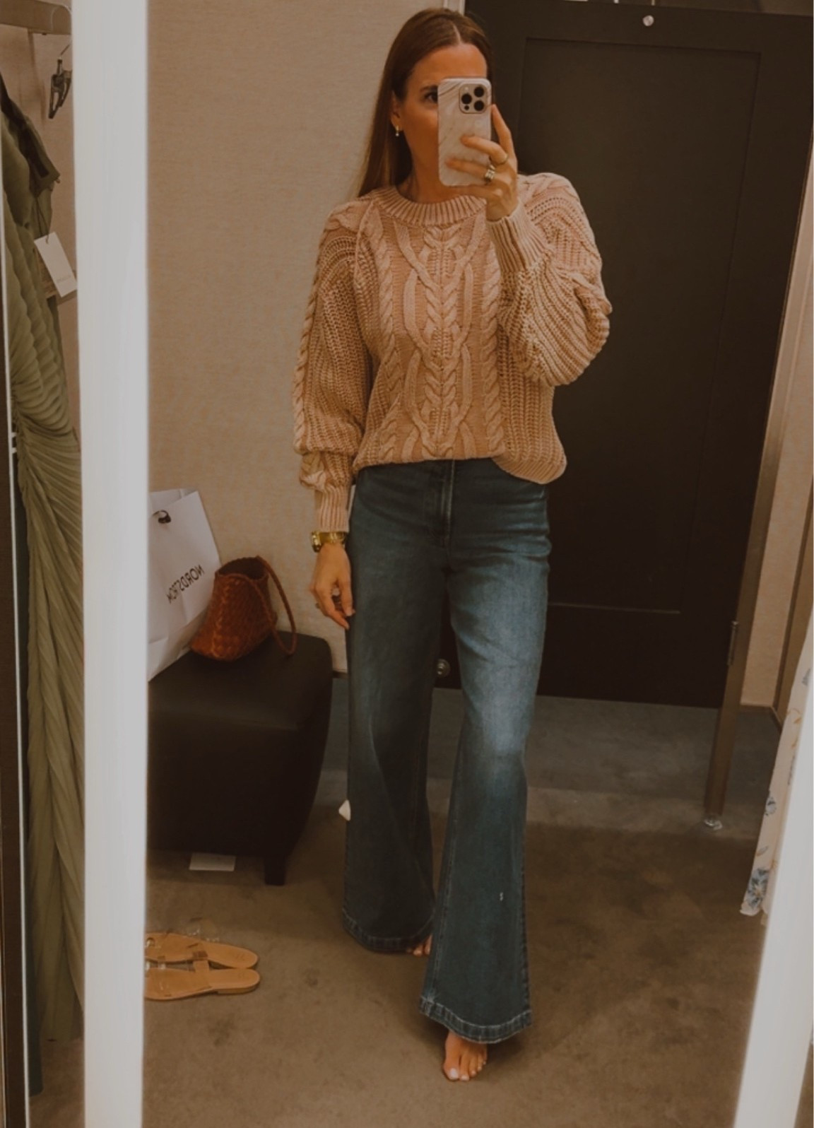 Love these jeans. Great fit either way a wide leg and perfect reviews. Wearing a 26. This sweater is darling and love the washed look. Wearing XS.
