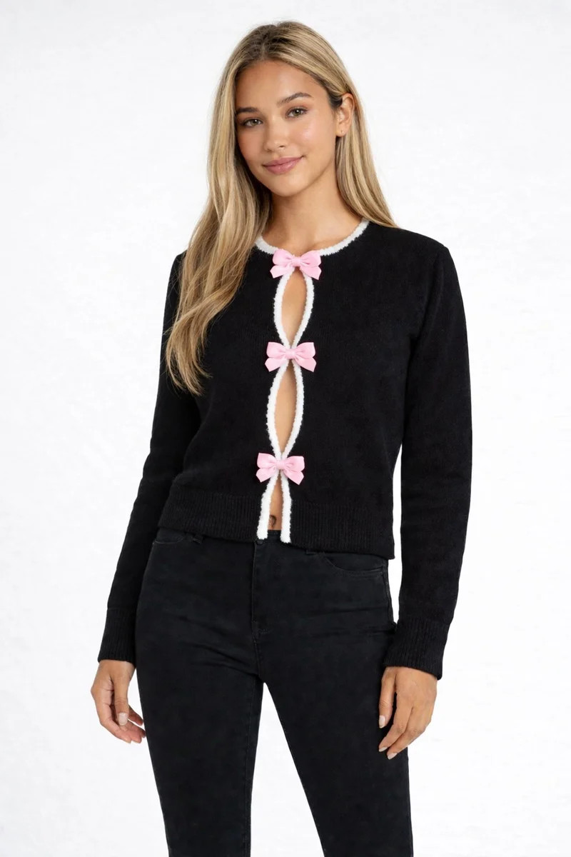 Forever 21 Velvet Bow Open-Front Knit Sweater, Color-Black/Cream, Size-Xs | Walmart (US)