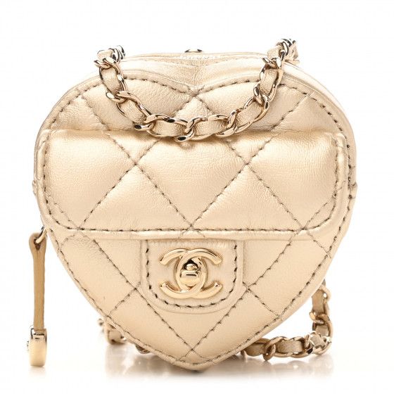 Metallic Lambskin Quilted CC In Love Heart Coin Purse With Chain Gold | FASHIONPHILE (US)