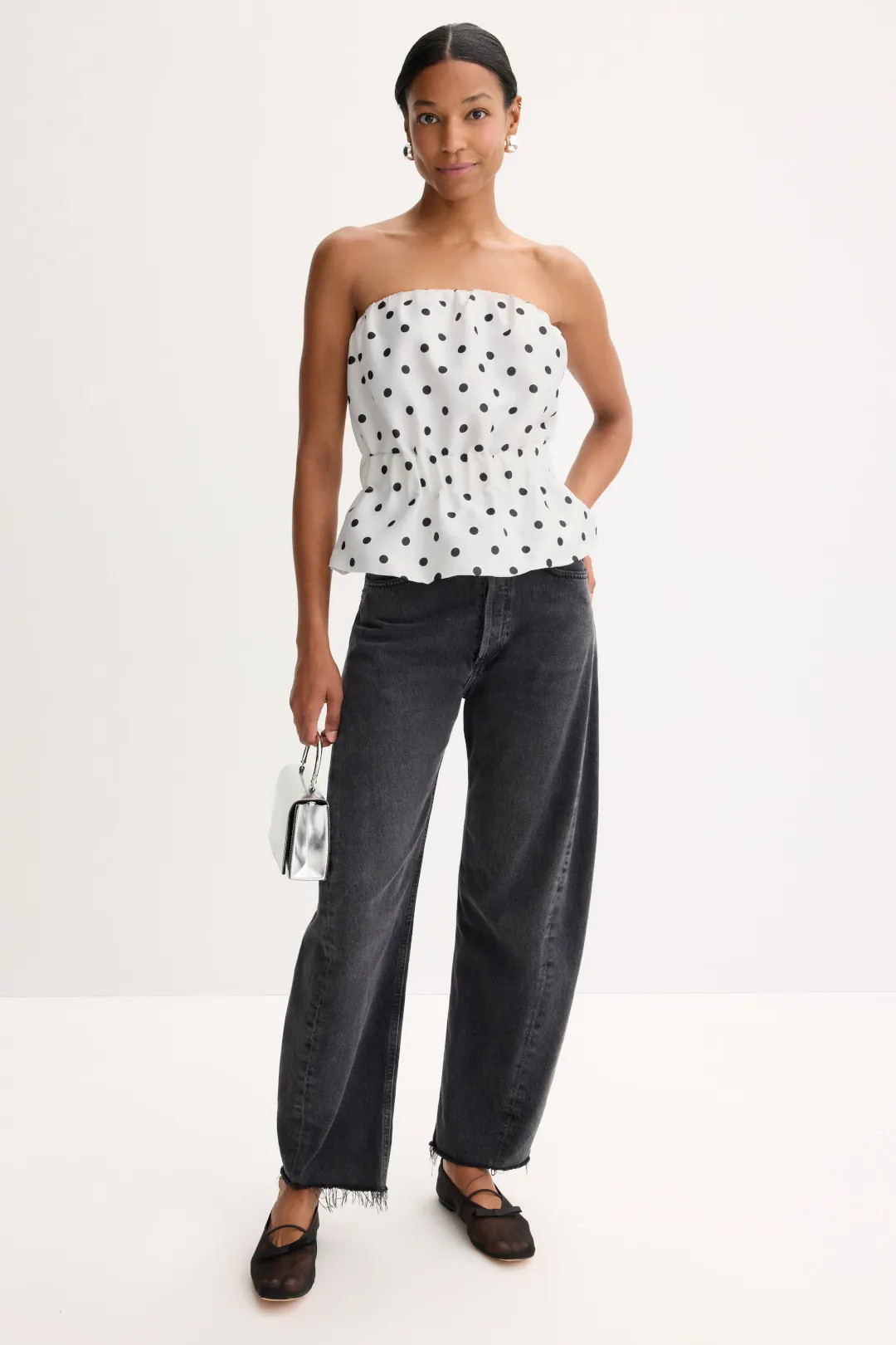 Strapless Polka Dot Peplum Top | Rent the Runway
