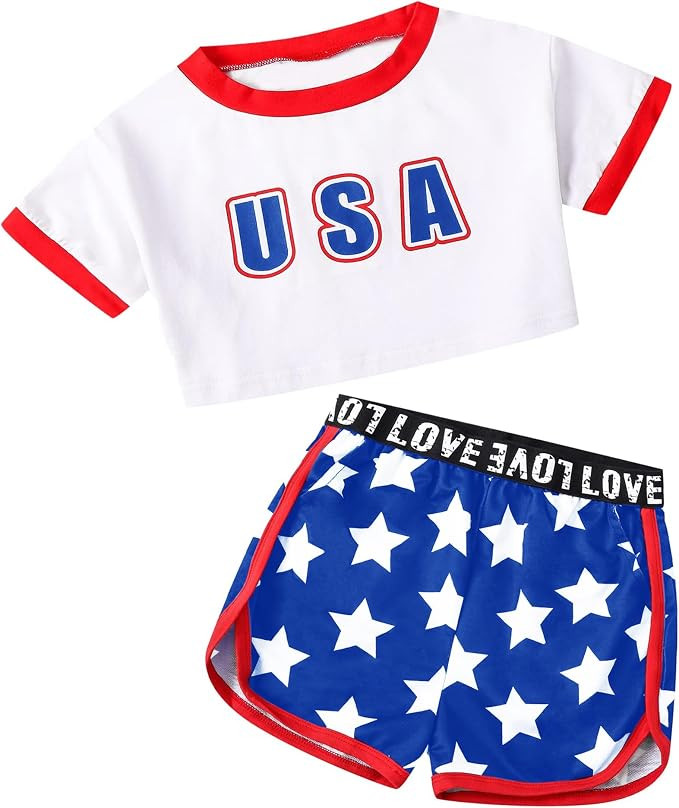 Betusline Girls Summer 2 Piece Outfits,Kids Short Sleeve Crop Top & Shorts Set with Side Pockets | Amazon (US)