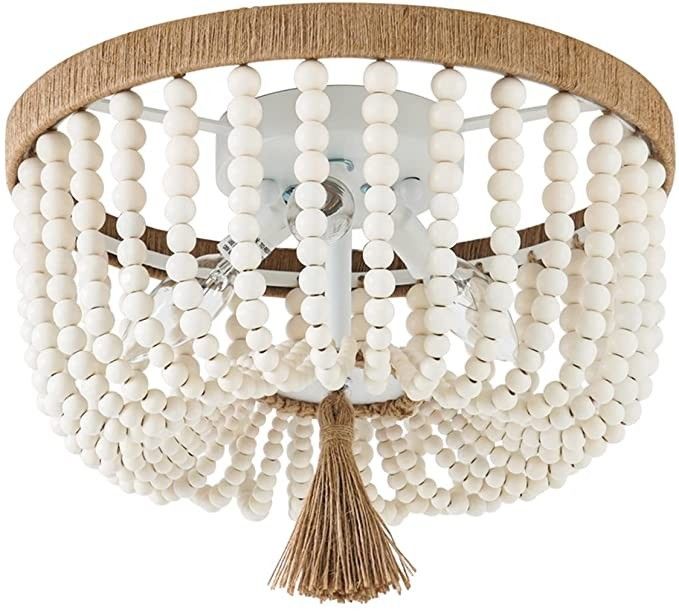 VILUXY Bohemia Wood Beaded Flush Mount Ceiling Light Antique Rustic Mini Chandelier White Finishi... | Amazon (US)