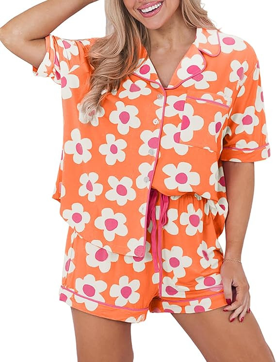 KevaMolly Womens Pajama Sets Pink Flower Print Buttoned Drawstring Waist Lounge Set Short Sleeve ... | Amazon (US)