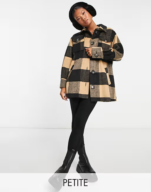 River Island Petite belted check shacket in brown | ASOS | ASOS (Global)