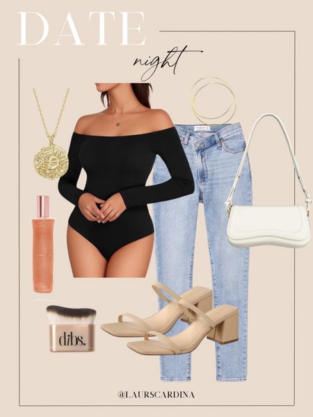This date night fit includes an off the shoulder black bodysuit, high rise jeans, nude strappy heals, a white shoulder bag, gold hoop earrings, a gold medallion necklace, glow body oil and an applicator brush. 

Ootd, date night, spring outfit idea

#LTKshoecrush #LTKstyletip #LTKfindsunder50