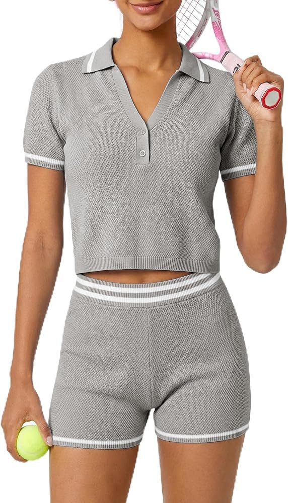 TQD Tennis Workout Sets for Women 2 Piece Athletic Shorts Set Short Sleeve Matching Knit Lounge C... | Amazon (US)