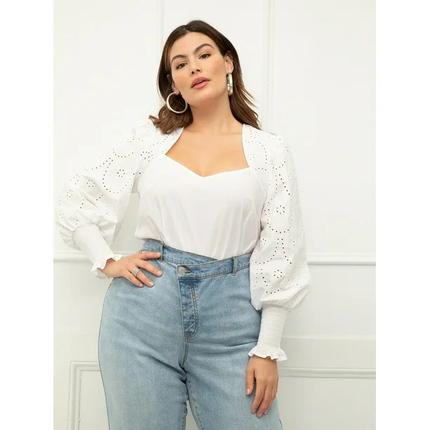 ELOQUII Elements Women's Plus Size Eyelet Puff Sleeve Top - Walmart.com | Walmart (US)