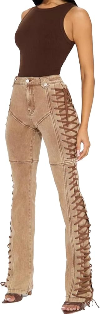 Women Straight Leg Jeans Casual Y2k High Waisted Lace UP Split Hem Jeans Slim Fit Trendy Denim Pa... | Amazon (US)