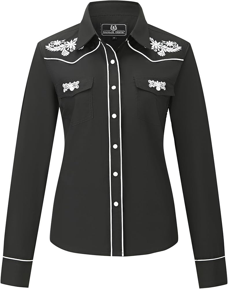 Women's Embroidered Western Cowboy Snap Front Long Sleeve Button Down Shirt | Amazon (US)