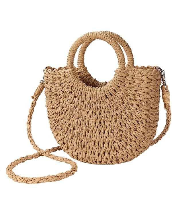 Womens Straw Beach Bag Woven Crossbody Shoulder Bags Top Handle Satchel Handbag Purse for Summer | Amazon (US)