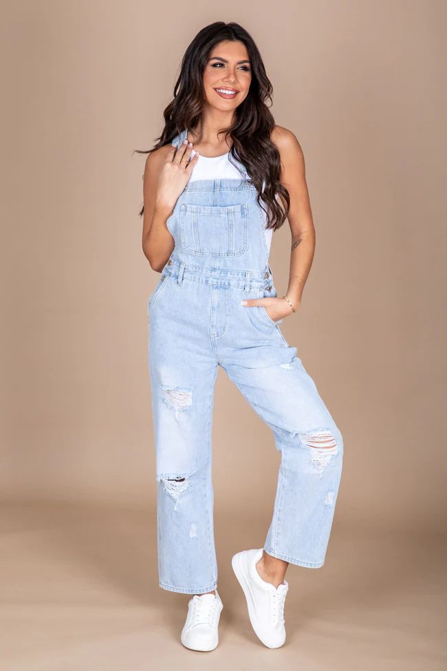Just A Normal Girl Light Wash Distressed Straight Leg Denim Overalls | Pink Lily
