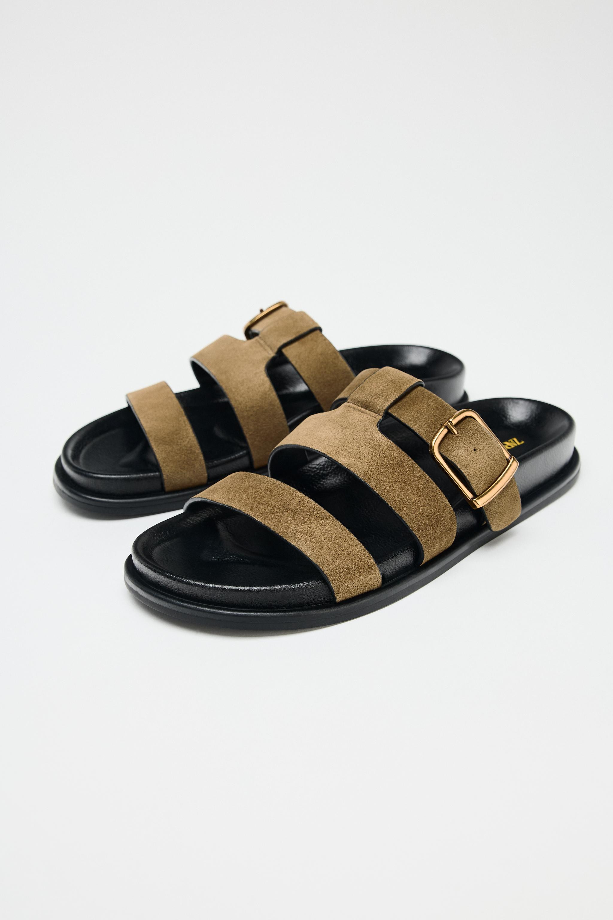BUCKLE FLAT SPLIT SUEDE SANDALS | Zara UK