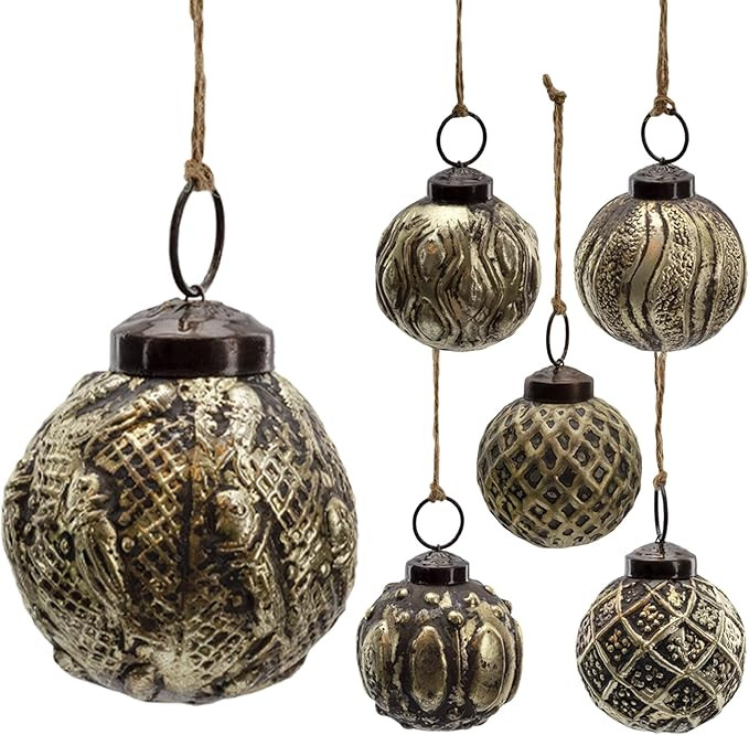 AuldHome Design Farmhouse Ball Ornaments (Set of 6, 2", Antique Gold); Distressed Metal Tin Glass... | Amazon (US)