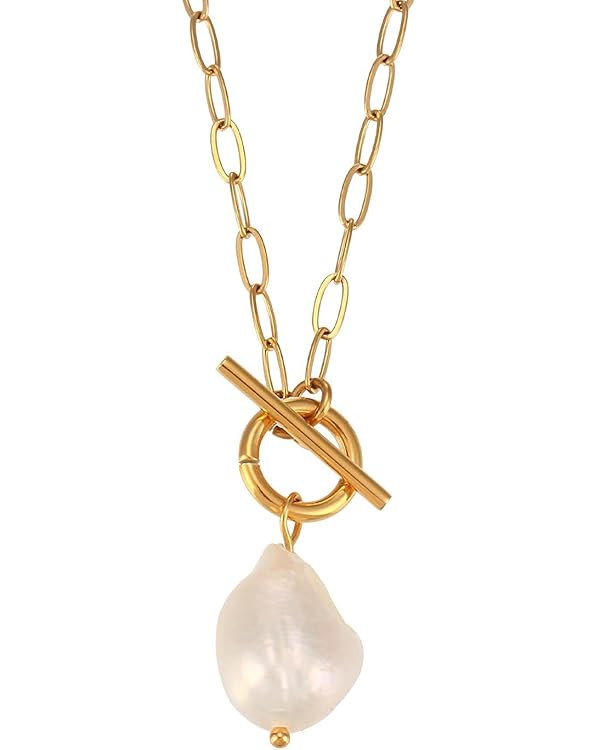 Baroque Silvery Freshwater Pearl Long Pendant Necklace Paperclip Toggle Drop Stainless Steel Neck... | Amazon (US)