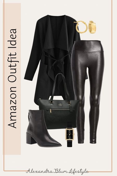 Amazon winter outfit idea! Winter outfits! Amazon fashion finds! Black leather leggings, tie front black cardigan, leather black boots, black tote bag, and gold hoop earrings! 

#LTKshoecrush #LTKunder100 #LTKworkwear