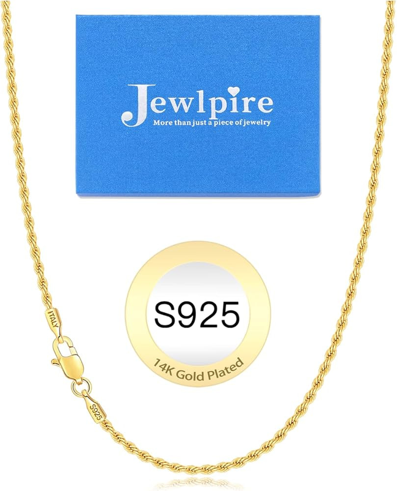 Jewlpire 14K Gold Plated 925 Sterling Silver Chain Necklace for Women Men, 1.5mm Rope Chain Daint... | Amazon (US)