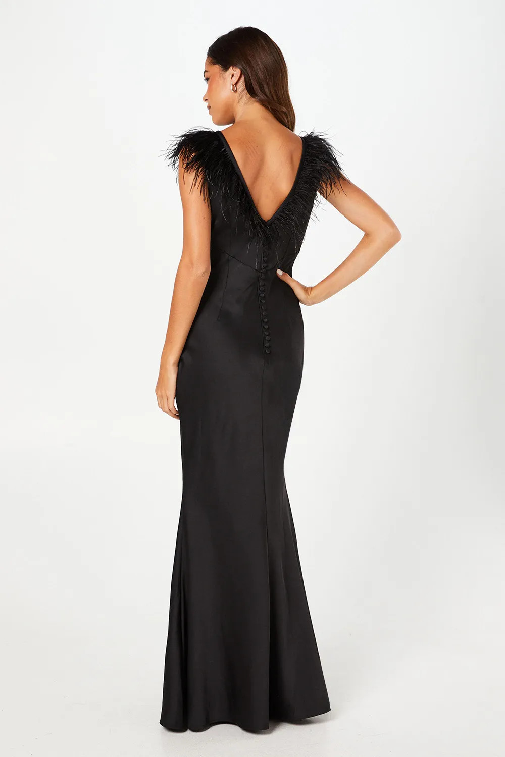 Dresses | Feather Shoulder Detail V Neck Satin Black Maxi Dress | Coast | Coast UK & IE