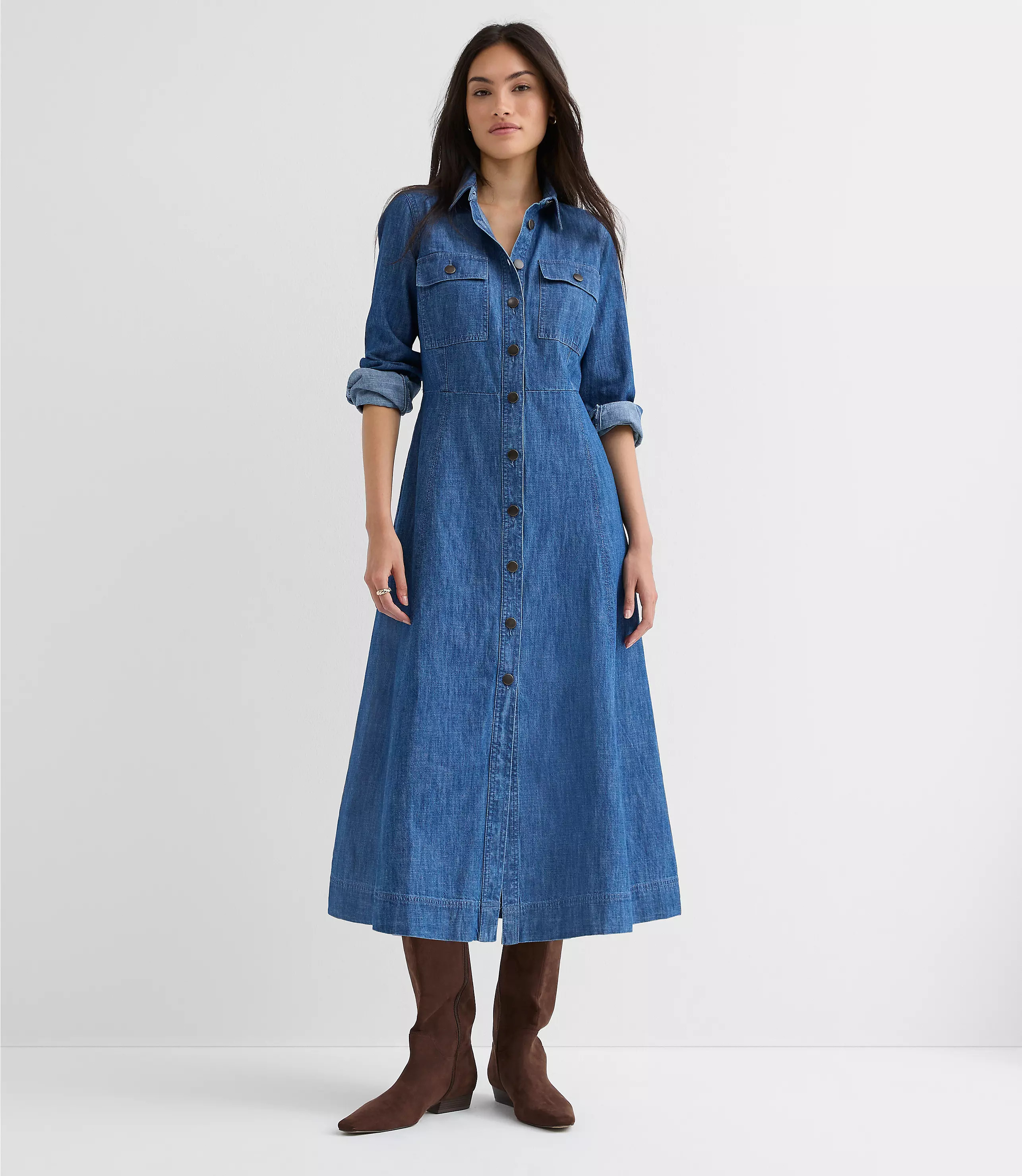 Chambray Seamed Midi Pocket Shirtdress | LOFT