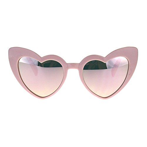 Womens Heart Shape Color Mirror Cat Eye Plastic Groovy Sunglasses Pink | Amazon (US)