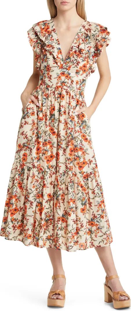 Floral Ruffle Sleeve Organic Cotton Blend Dress | Nordstrom