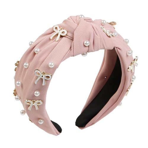 TEBIEKOY Cute Bows Knotted Headbands for Women, Trendy Bows Wide Head Band with Pearls Non Slip Hairhoop, Thick Elastic Hairband for Womens Hair Pink Hair Accessories | Amazon (US)