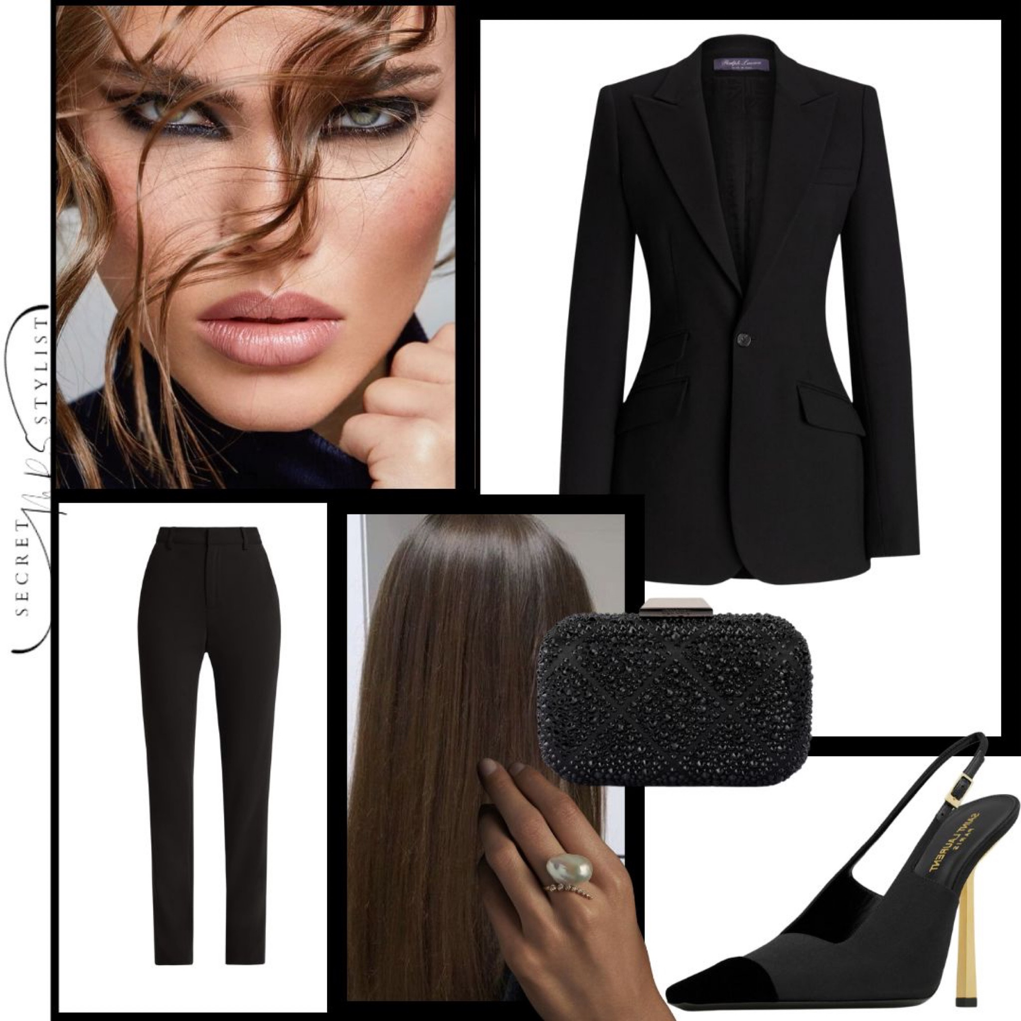 Timeless elegance in all black! A tailored blazer and high-waisted pants meet smoky eye makeup and sleek hair for a polished look. Finished with a sparkling clutch, slingback heels, and a pearl ring—perfect for a classy night out!

#SecretMrsStylist 

#LTKStyleTip #LTKU #LTKParties