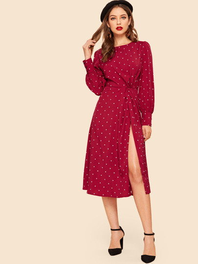 SHEIN Twist Detail Slit Side Dot Dress | SHEIN