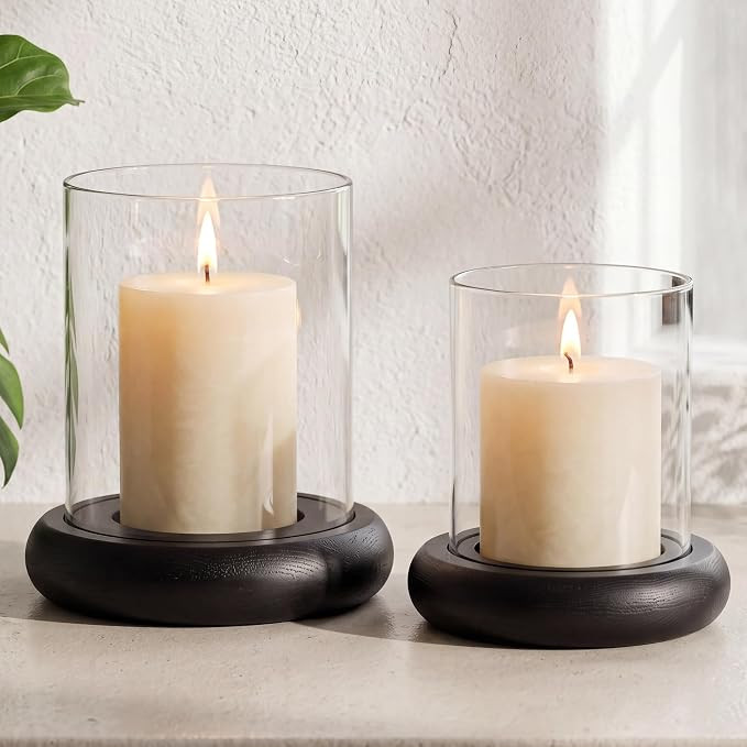 Set of 2 Black Hurricane Candle Holders with Wood Base, Modern Windproof Glass Cylinder Lantern, ... | Amazon (US)
