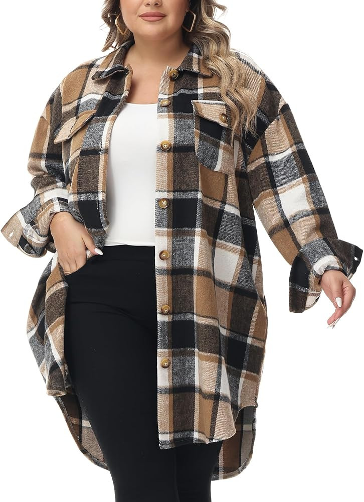 URBEST Women's Oversized Plaid Shacket - Cozy Long Sleeve Button Down Jacket with Pockets, Knee L... | Amazon (US)