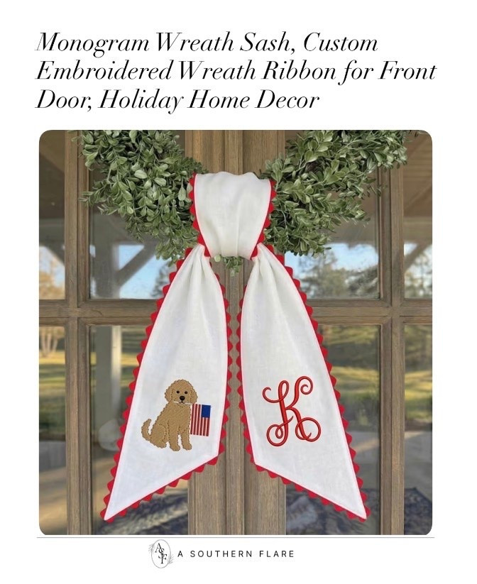 Monogram Wreath Sash, Custom Embroidered Wreath Ribbon for Front Door, Holiday Home Decor