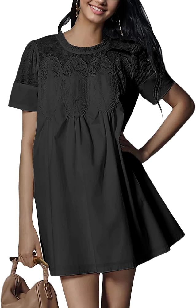 Womens Summer Lace Mini Babydoll Dress Ruffled Collar Short Sleeve Loose Mesh Swing Elegant Flare... | Amazon (US)