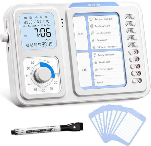 3-in-1 Visual Timer & ADHD Tool for Kids|Adults, Task Timer with Chore Chart Board, Visual Schedule for Kids with Autism, Daily Checklist for Home, School, Classroom, Desk (White) | Amazon (US)