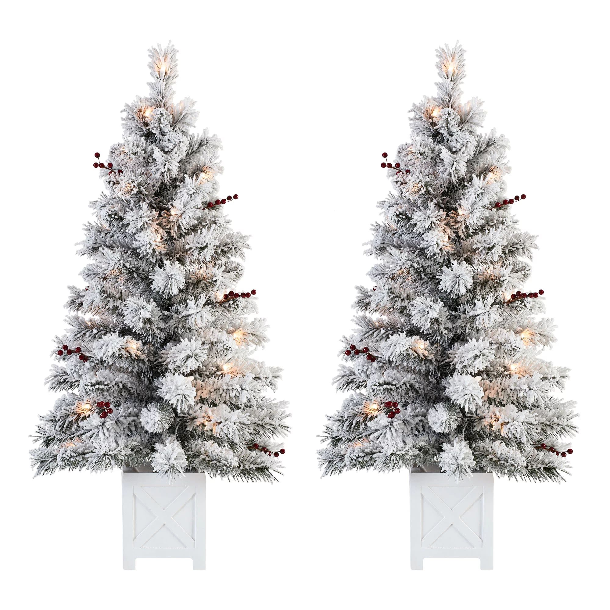 Holiday Time Pre-Lit Set of 2 Flocked Potted Tree Clear lights - Walmart.com | Walmart (US)