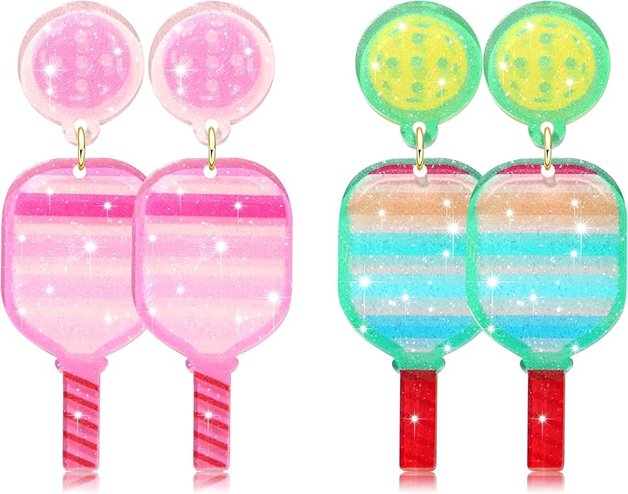 Game Day Pickleball Paddle Earrings - Green & Pink Resin, Sport Fans Cheer Dangling Earrings, Per... | Amazon (US)