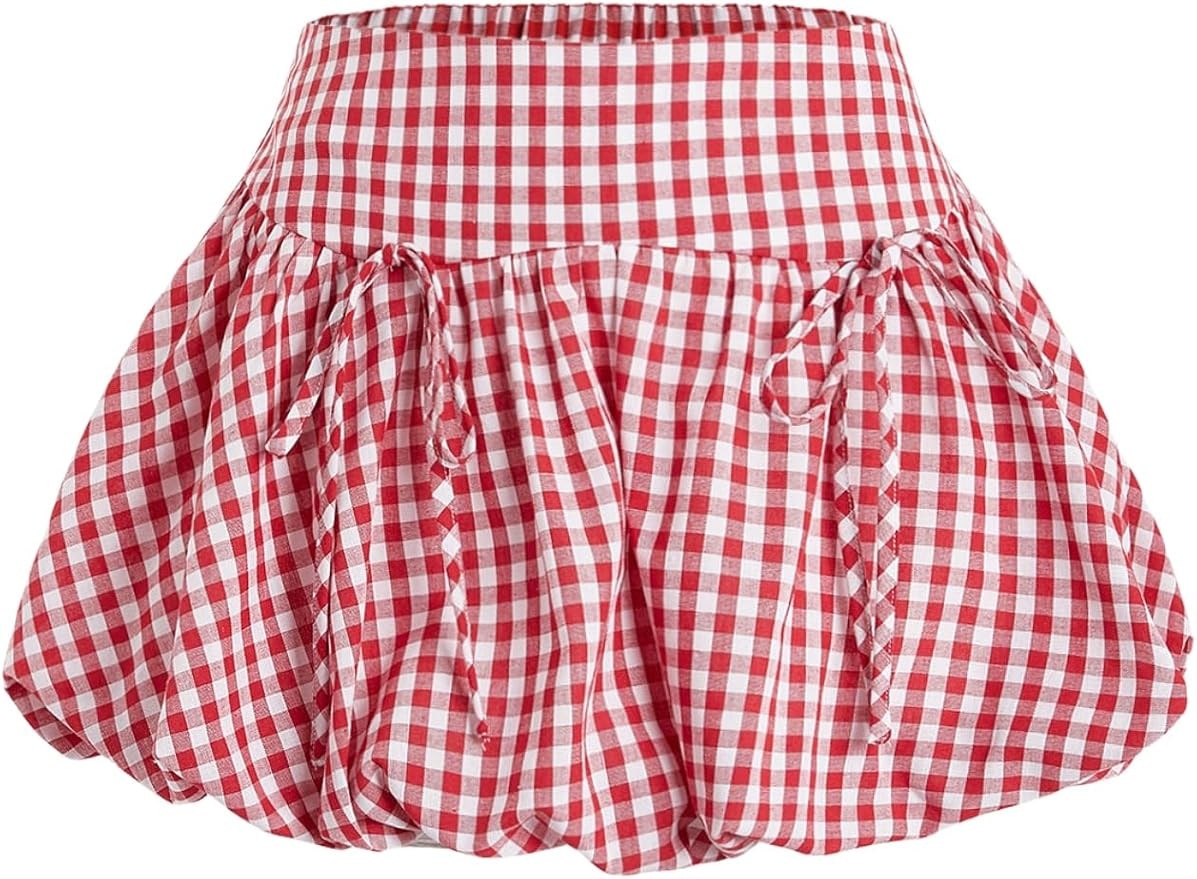Verdusa Women's Gingham Bubble Mini Skirts Plaid Bow Cute Holiday Short Skorts | Amazon (US)
