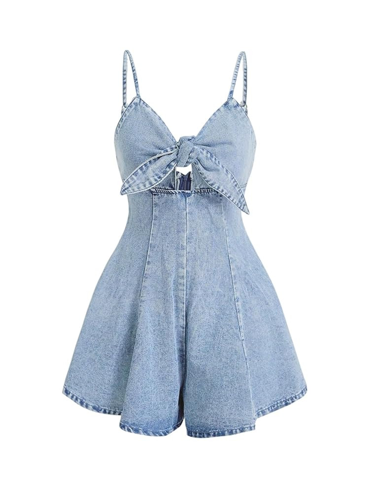 OYOANGLE Women's Vintage Bowknot Spaghetti Strap Denim Romper Sleeveless Wide Leg Jean Short Jump... | Amazon (US)