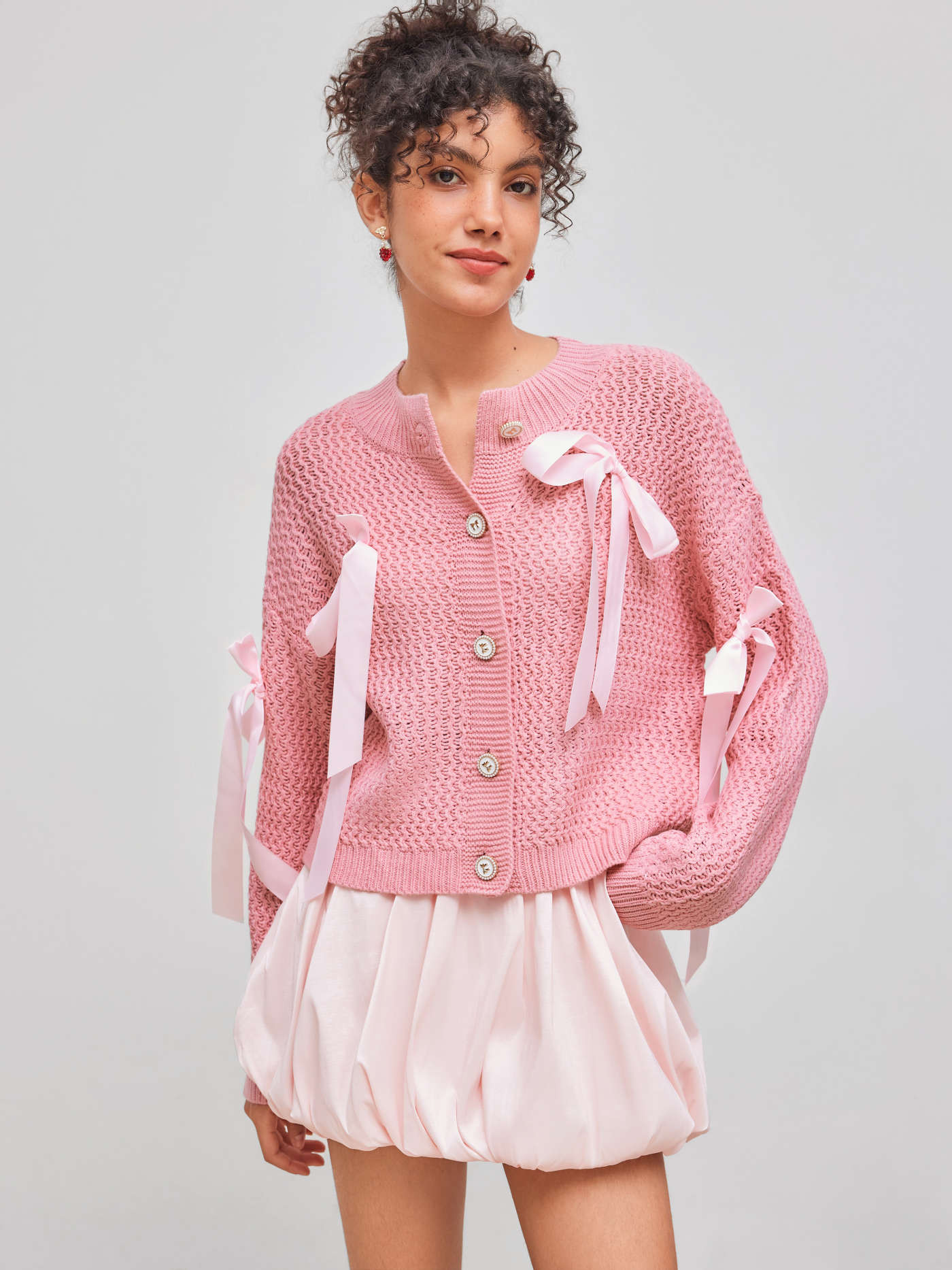 Knit Round Neckline Bowknot Button Cardigan... | Cider