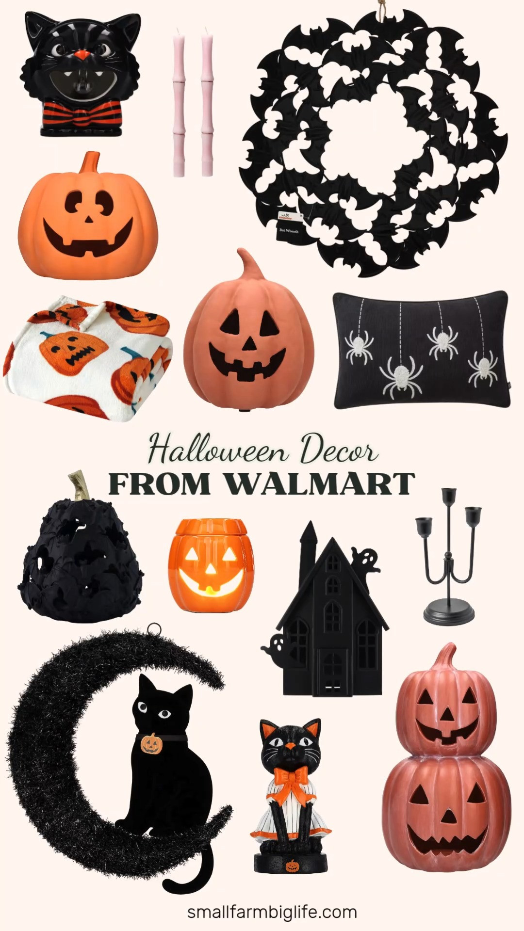 Halloween Decor From Walmart 🎃 These Halloween decorations from Walmart's Way To Celebrate collection are spooky, cozy, and so affordable. Jack o' lanterns are the star of the season, with a terracotta ceramic stacked jack o' lantern, a smaller terracotta jack o' lantern, and a brown paper mache version that look so pretty grouped on a mantel or entry table. Black cats and bats add a fun vintage touch, with a resin vintage cat, a light up black bat pumpkin, a metal haunted house, and a black cat and a jack o' lantern ceramic wax warmer. For your front door or walls, hang the black metal bat wreath or the moon and cat wreath. Cozy up your couch with the cream and orange jack o' lantern plush throw blanket and a black and ivory hanging spider pillow. Finish your spooky table with bleeding bones taper candles in a black three arm gothic candle holder. These pieces pair perfectly with your fall decor all October long!

#walmartfinds #walmarthome #halloweendecor #halloweendecorations #falldecor #spookyseason 

 #LTKSeasonal #LTKHome