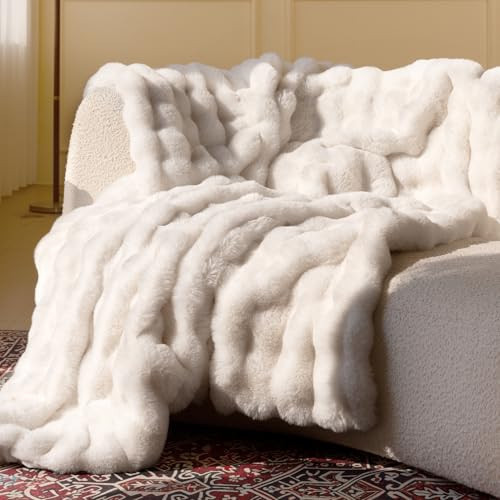 blunique Ultra Soft Cozy Faux Fur Throw Blanket, Fuzzy Plush Thick Bubble Blanket, Luxury Fluffy Blanket for Couch, Sofa, Bedroom, and Living Room, 50x60 Inches, Cream White | Amazon (US)